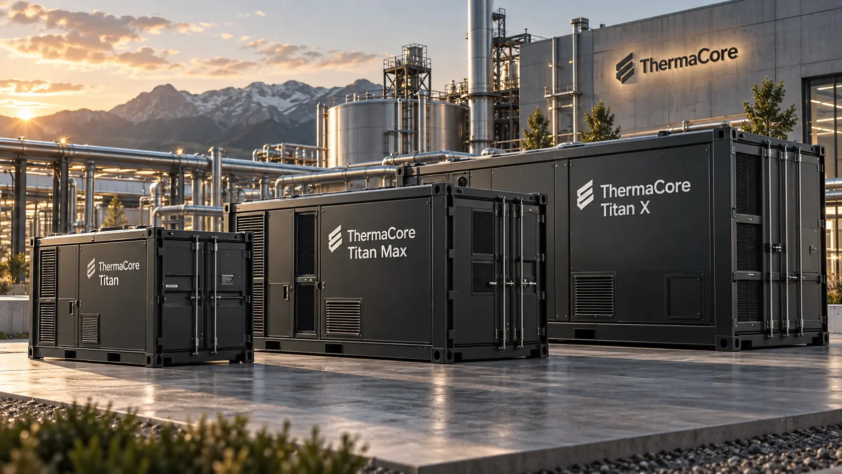 ThermaCore containerised energy platform concepts in an industrial setting